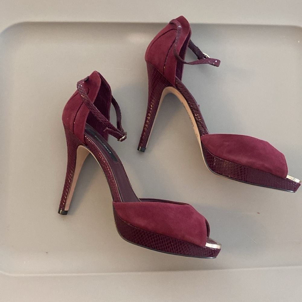 NEW White House Black Market dark cherry faux suede and snake platform heels - Picture 4 of 8